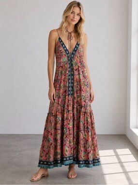 Zury Women’s Silk Blend Halter Summer Boho Tiered Ruffle Dress Size Free Size